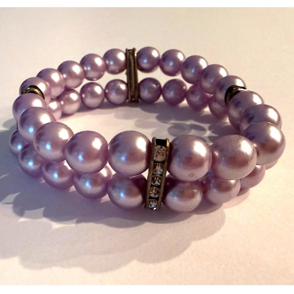 Purple Faux Pearl Double Row Dog Necklace - Rhinestone Accents 2"